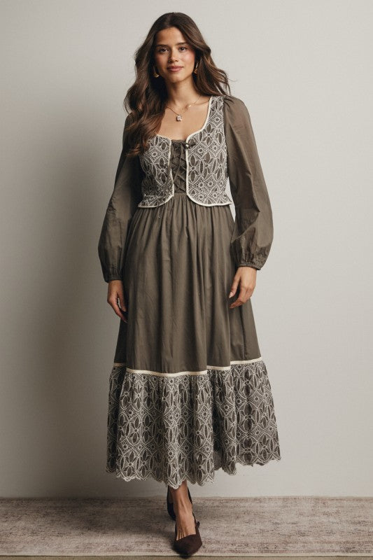 Embroidered Bodice Maxi Dress – Olive