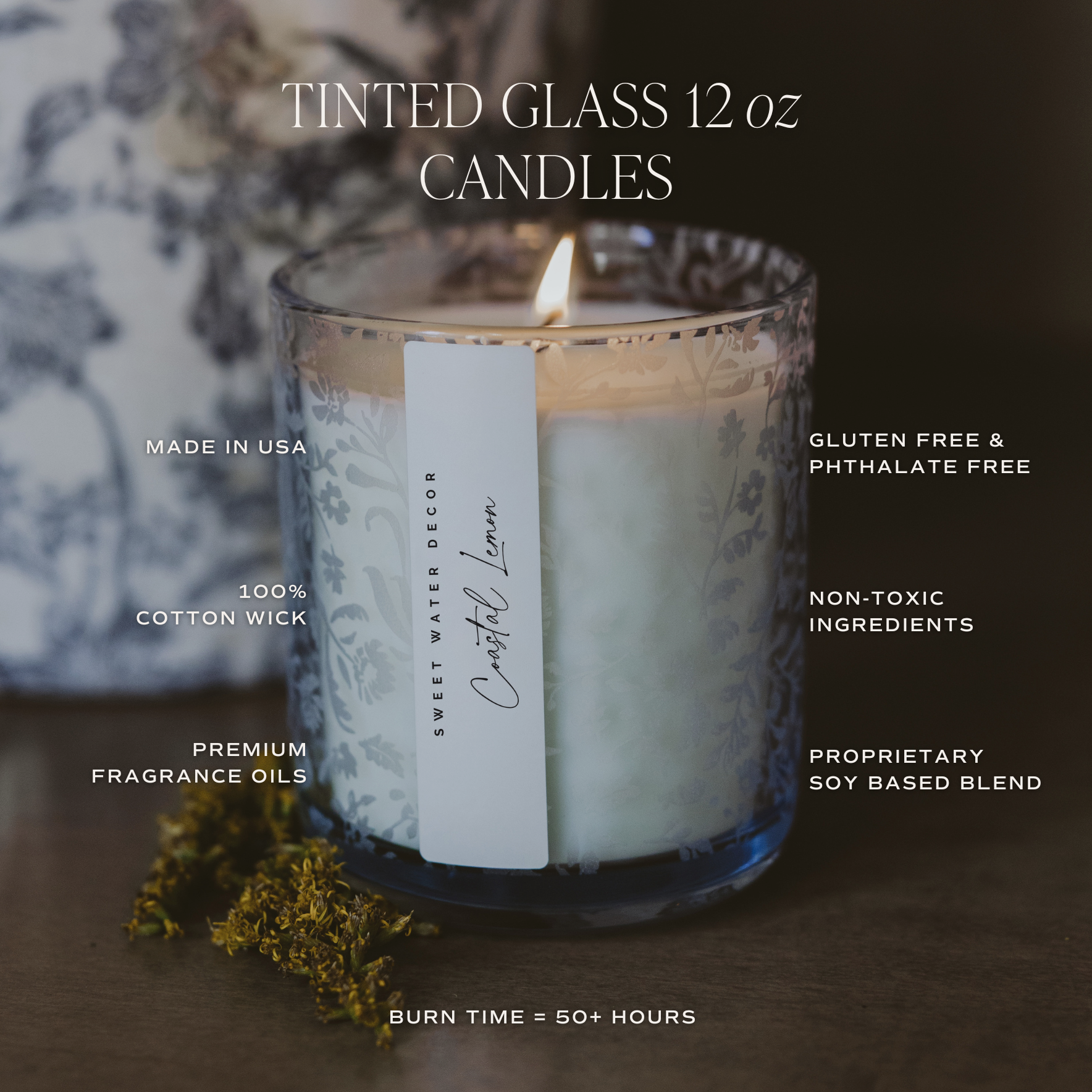 *NEW* Stress Relief 12 oz Soy Candle, Blue Tinted Floral Jar