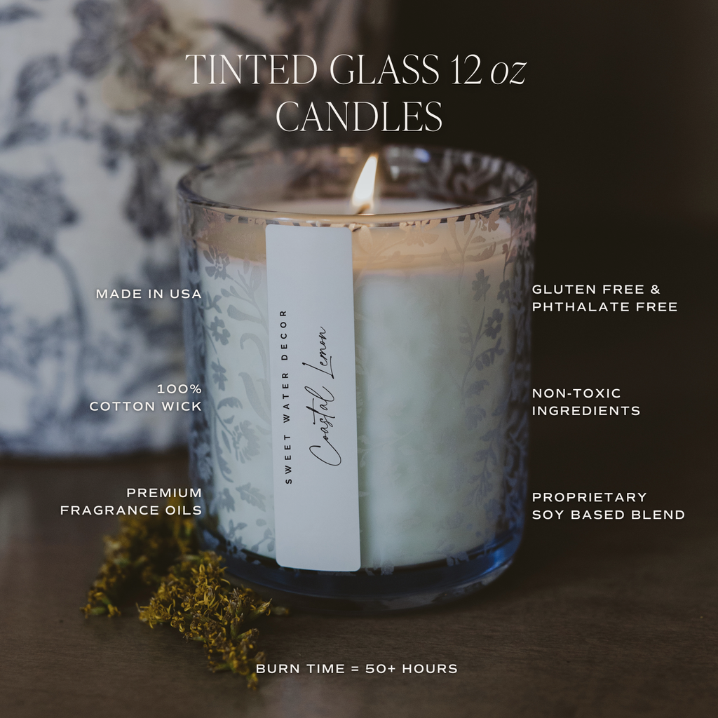 *NEW* Coastal Lemon 12 oz Soy Candle, Blue Tinted Floral Jar