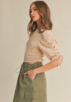 Ruched Sleeve Mixed Media Top