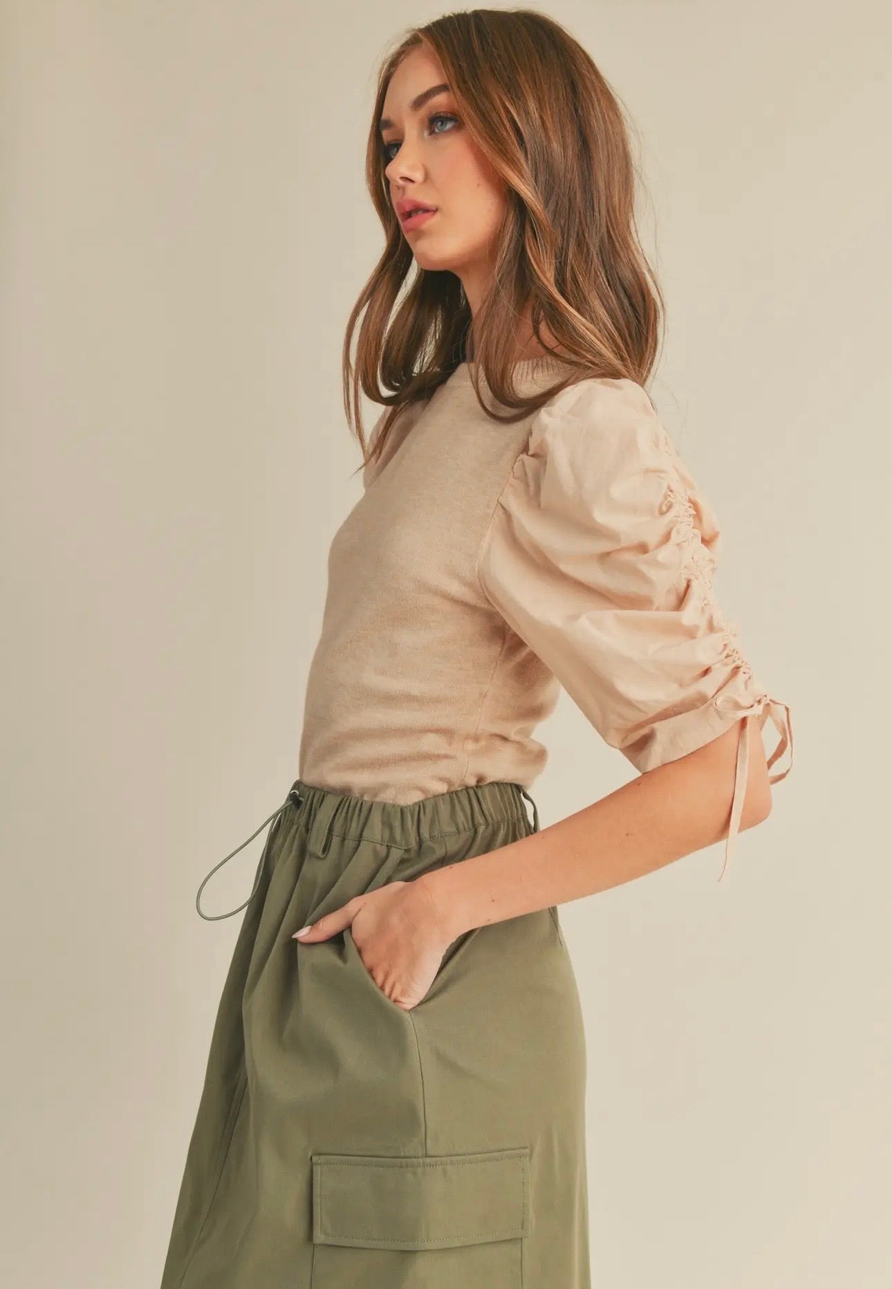 Ruched Sleeve Mixed Media Top