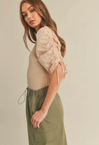 Ruched Sleeve Mixed Media Top