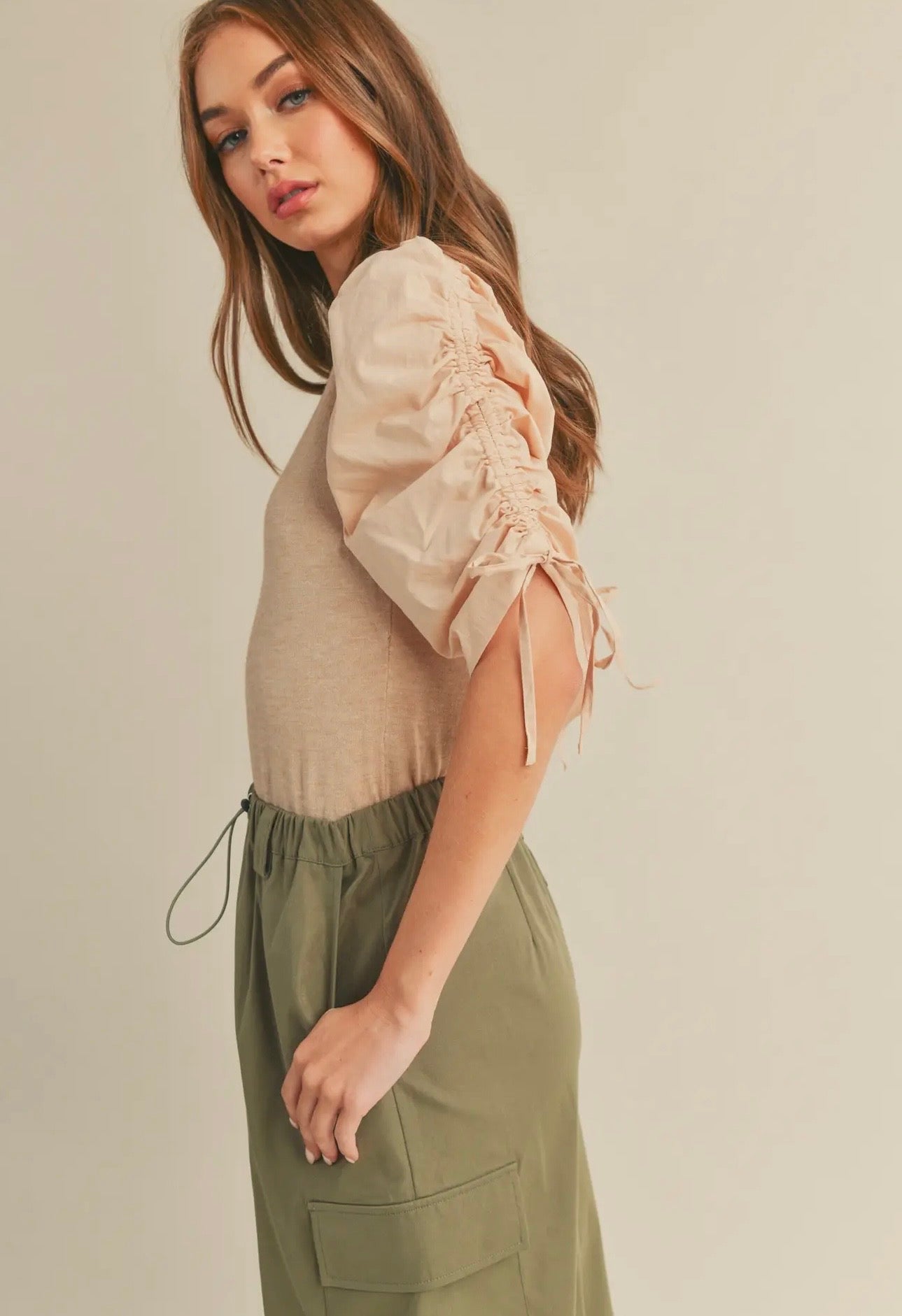 Ruched Sleeve Mixed Media Top