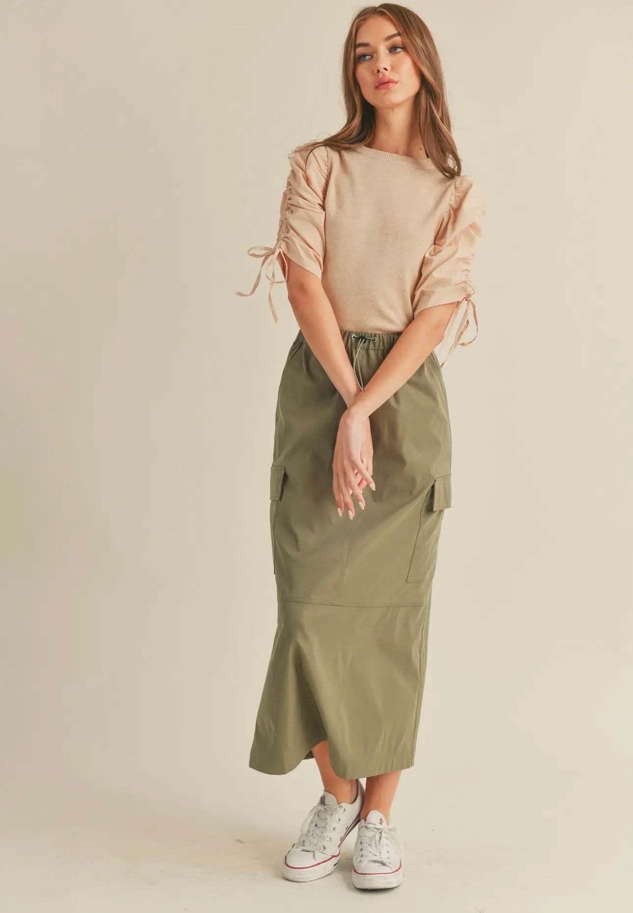 Ruched Sleeve Mixed Media Top