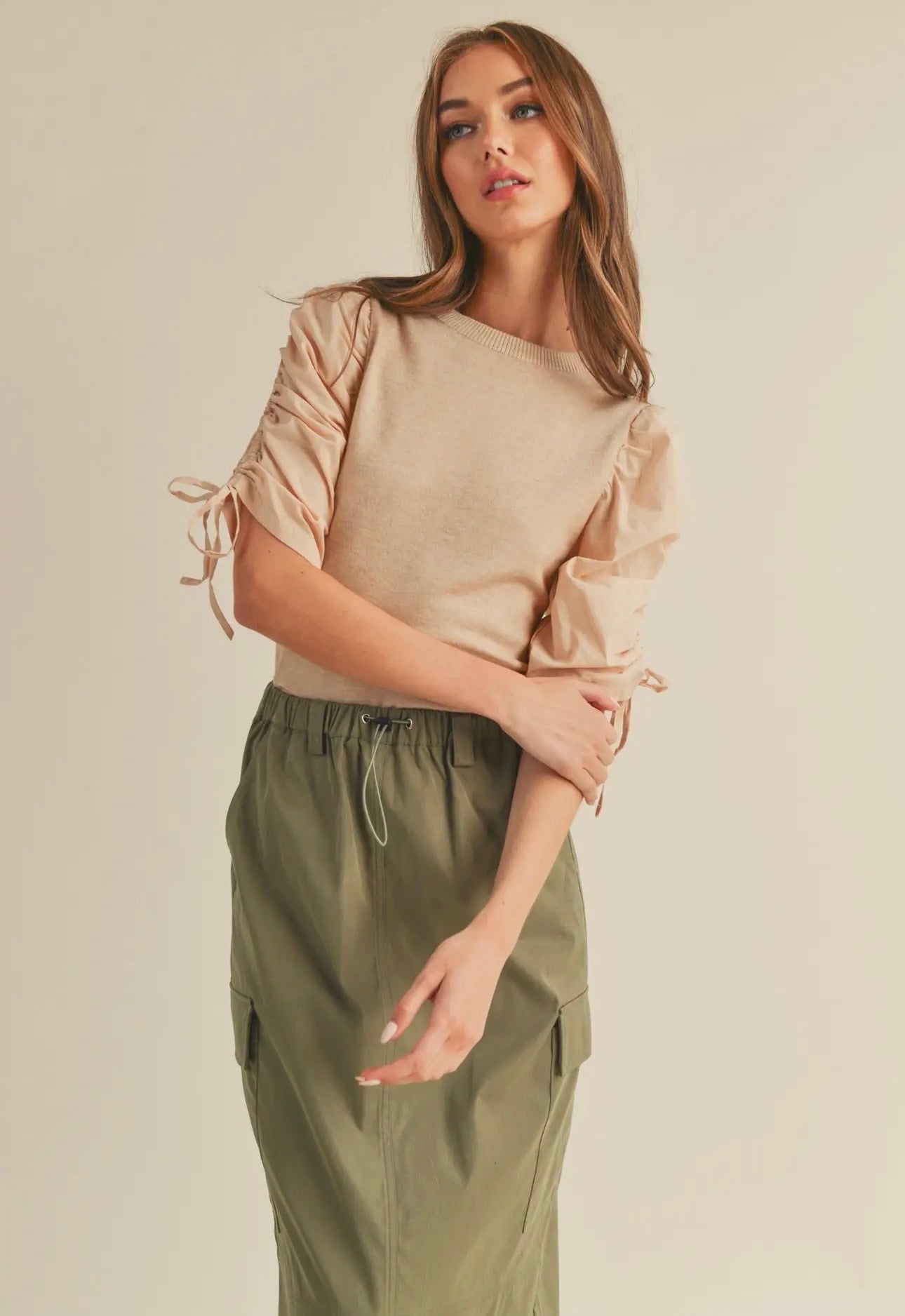 Ruched Sleeve Mixed Media Top