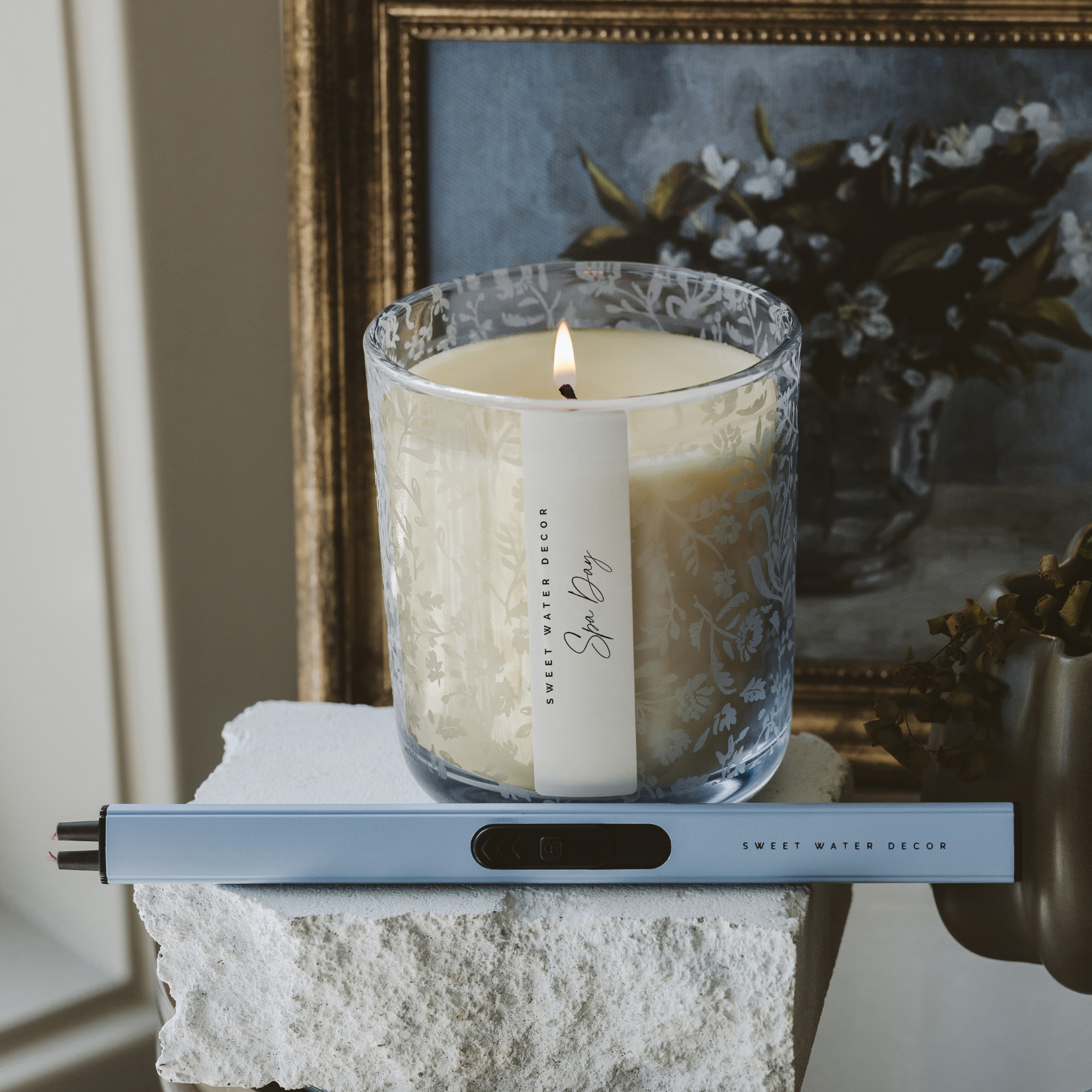 *NEW* Spa Day 12 oz Soy Candle, Blue Tinted Floral Jar