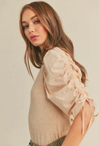 Ruched Sleeve Mixed Media Top
