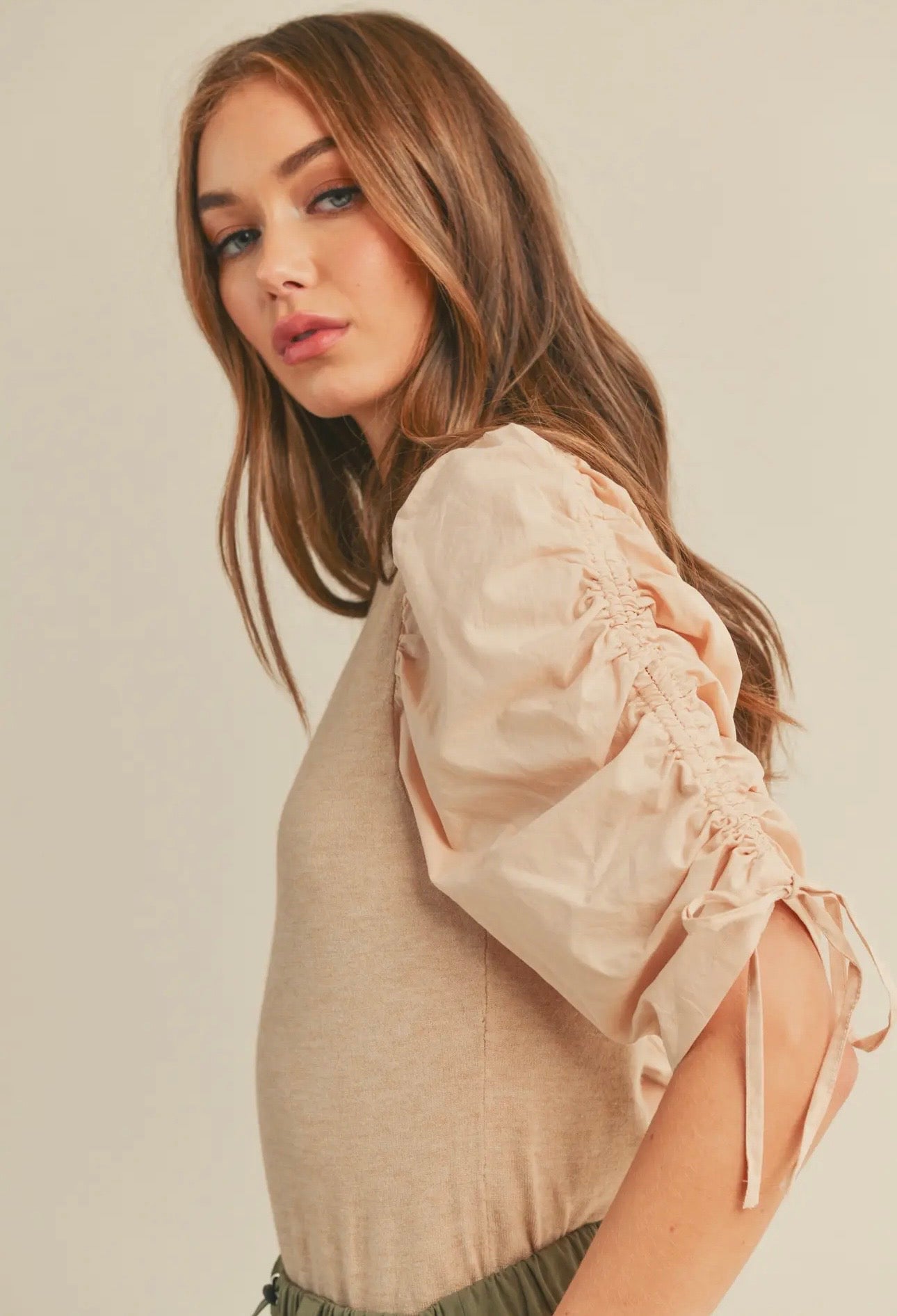 Ruched Sleeve Mixed Media Top