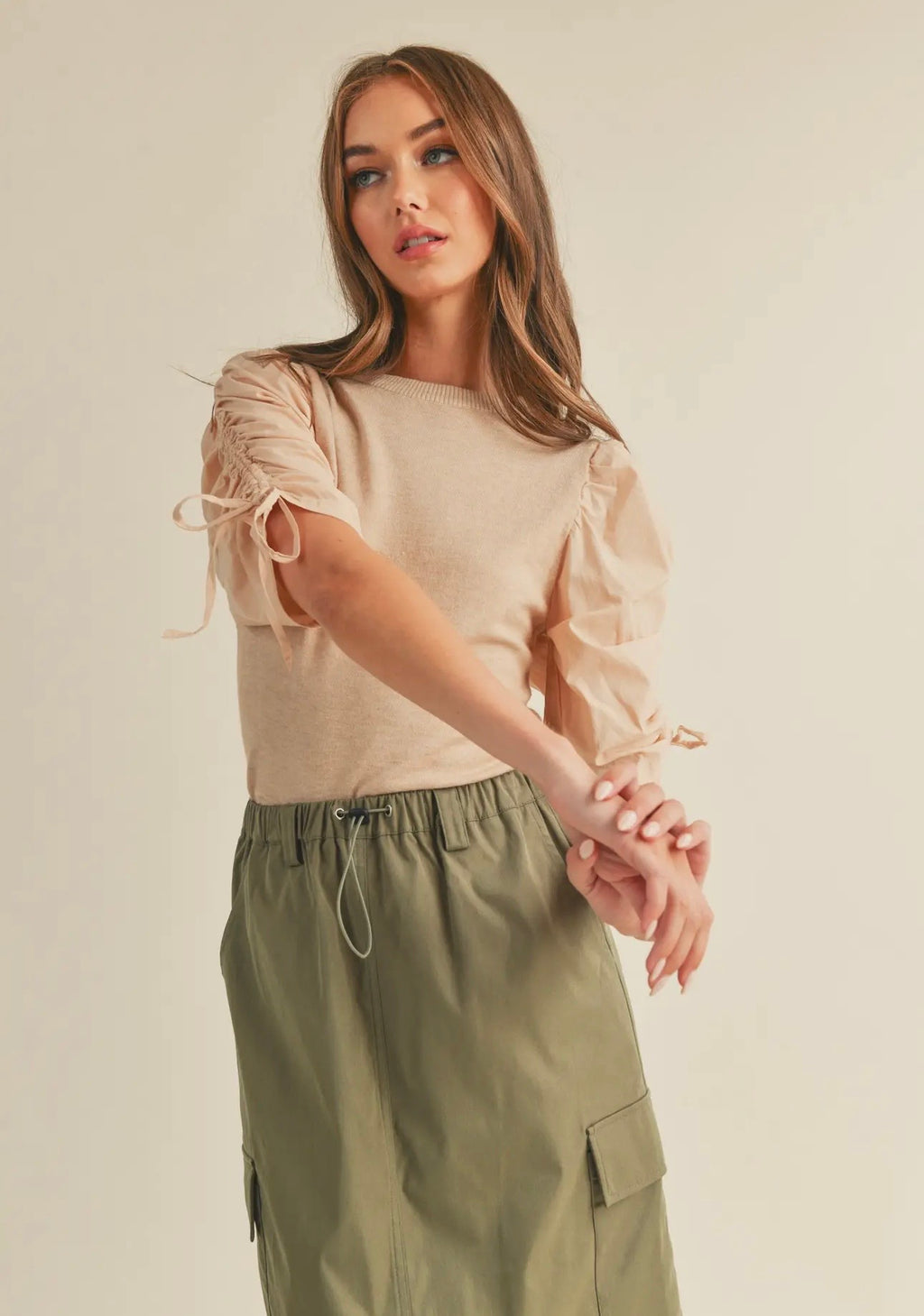 Ruched Sleeve Mixed Media Top