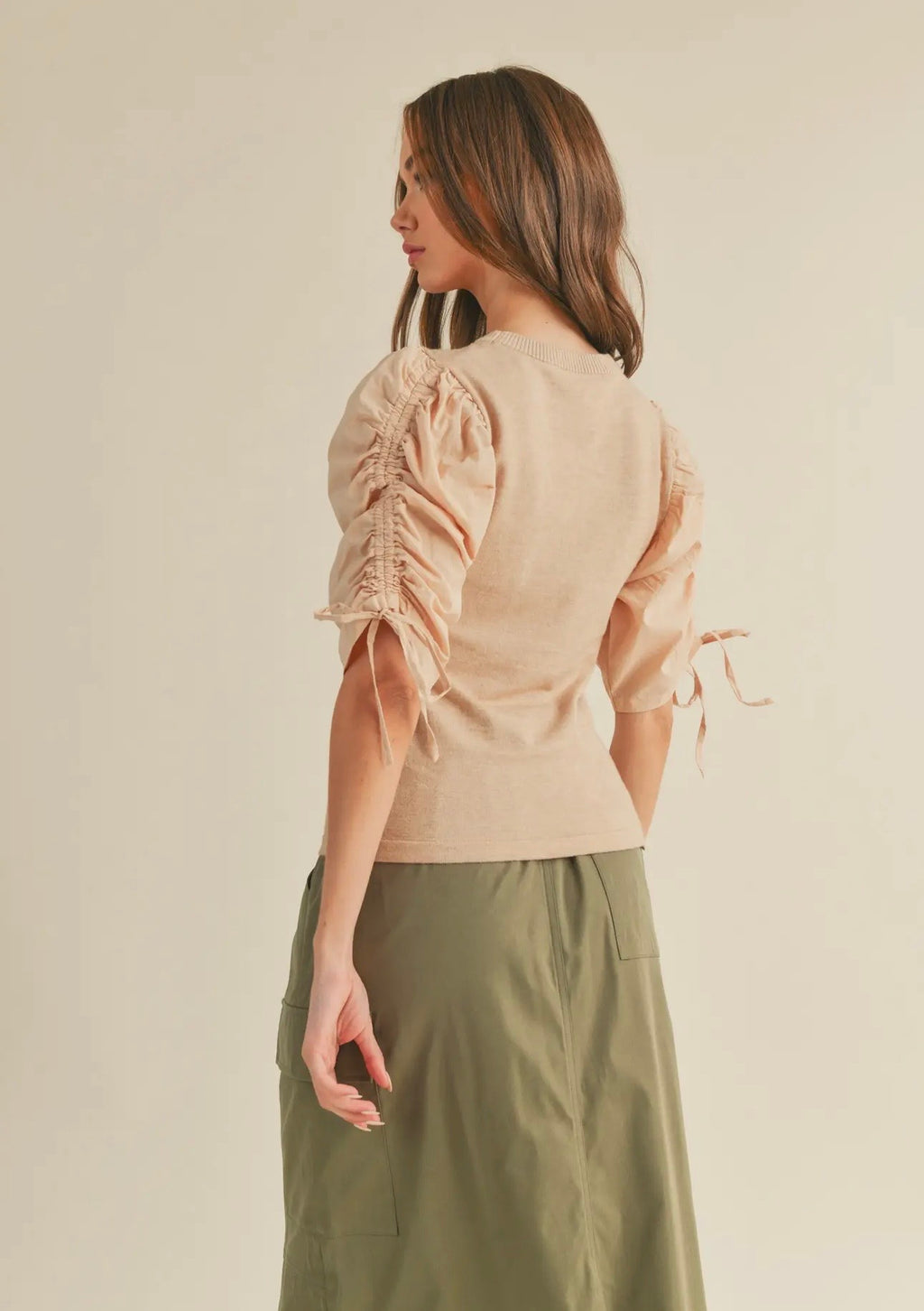 Ruched Sleeve Mixed Media Top