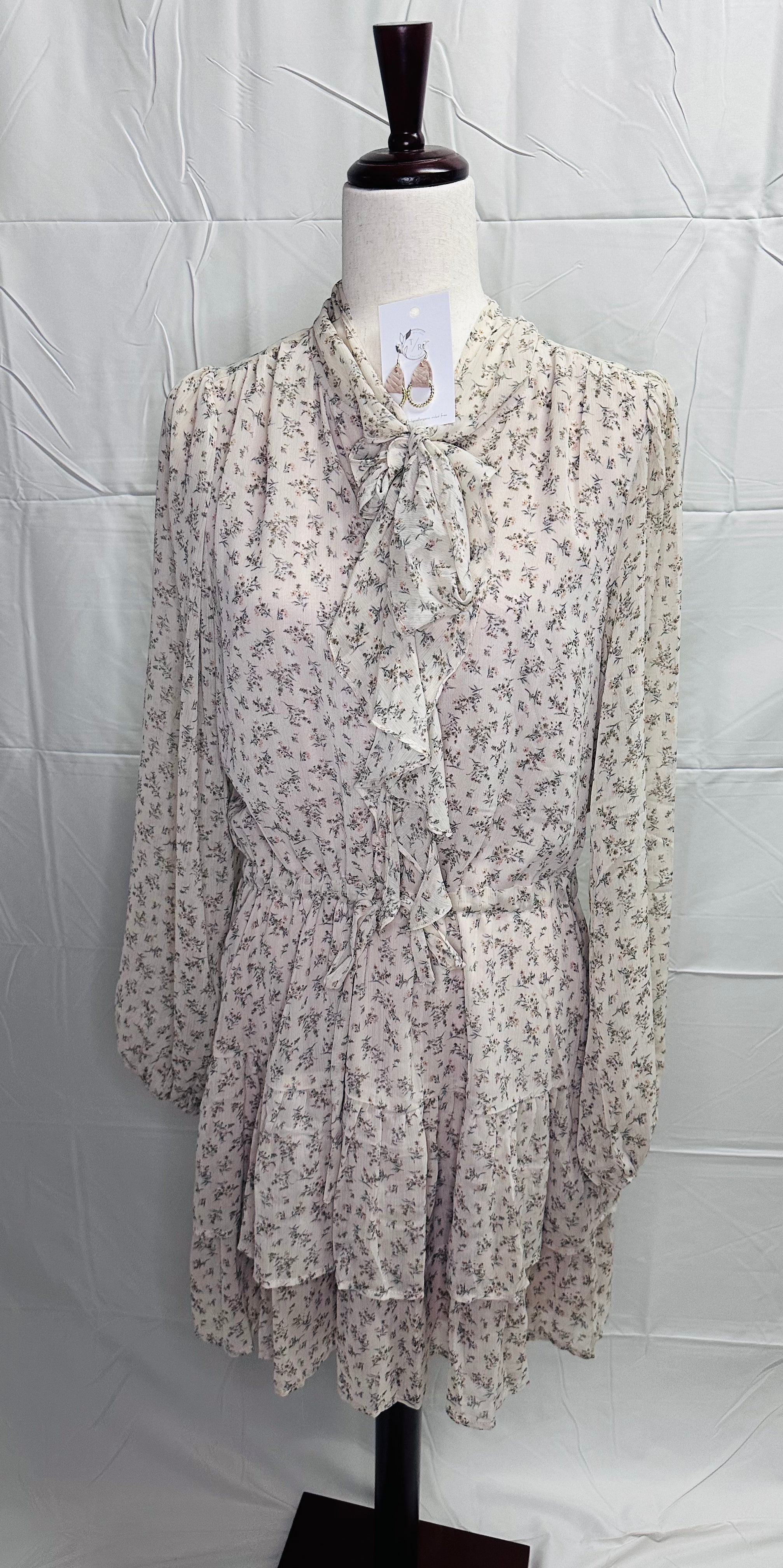 Soft Ditsy Floral Tie-Neck Tiered Dress