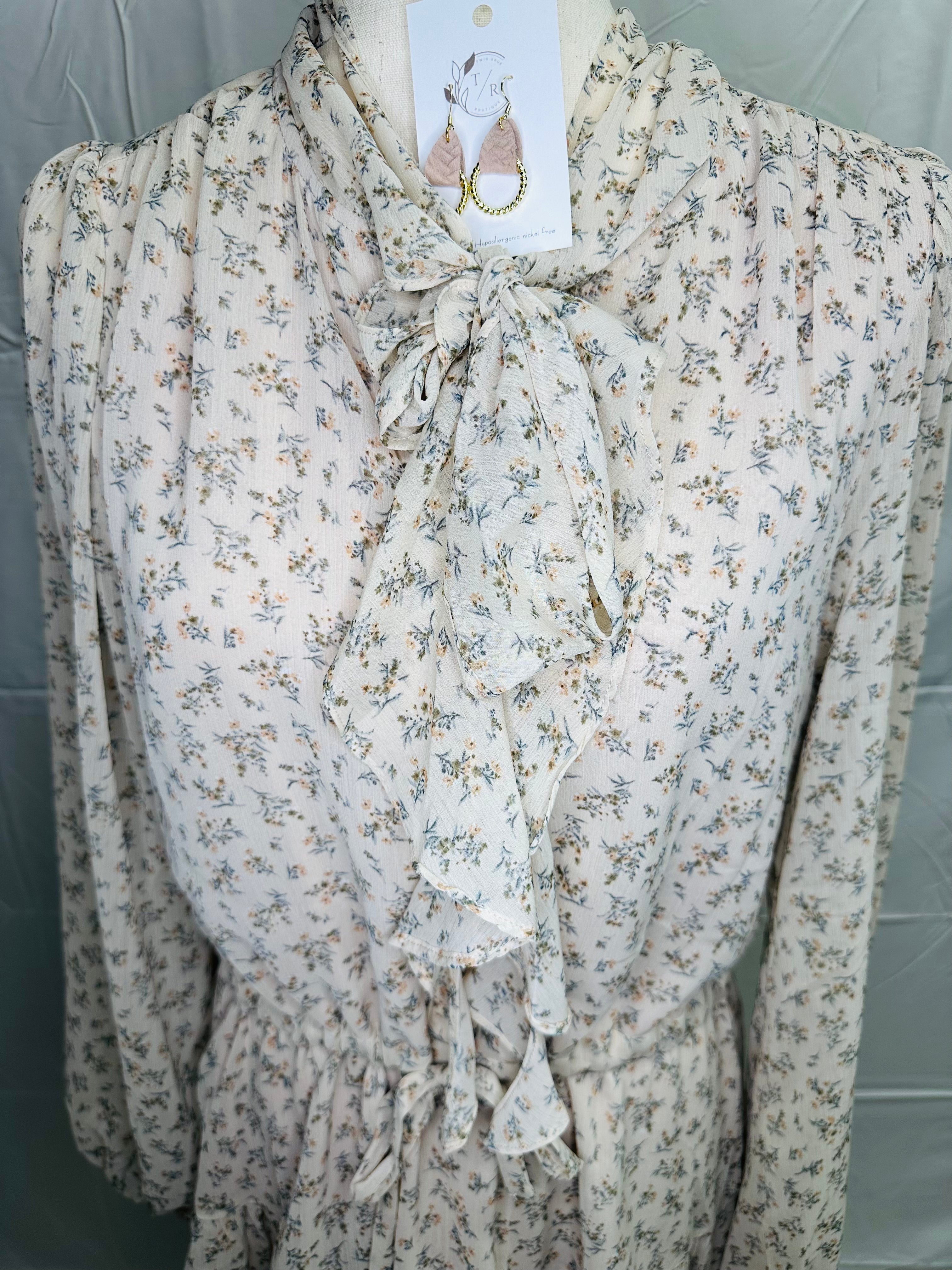 Soft Ditsy Floral Tie-Neck Tiered Dress