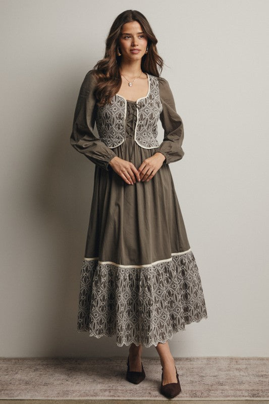 Embroidered Bodice Maxi Dress – Olive