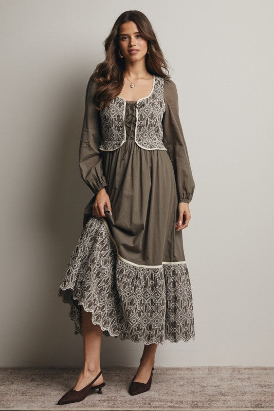 Embroidered Bodice Maxi Dress – Olive