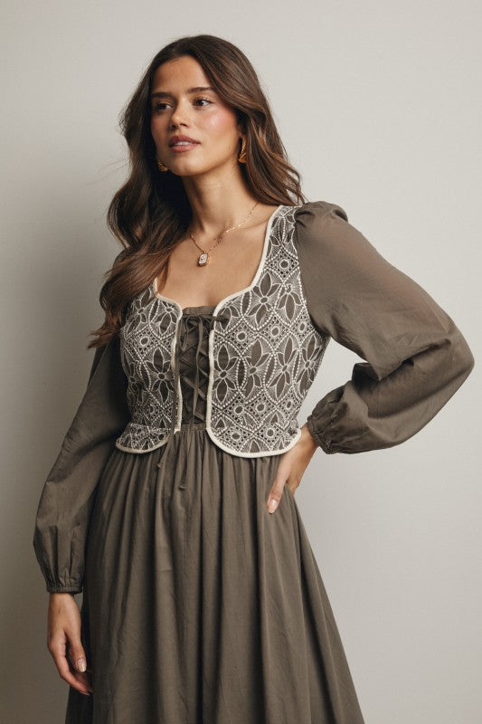 Embroidered Bodice Maxi Dress – Olive