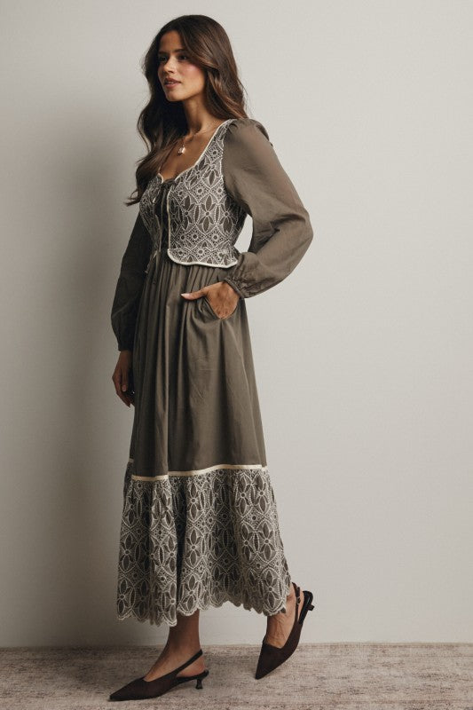 Embroidered Bodice Maxi Dress – Olive