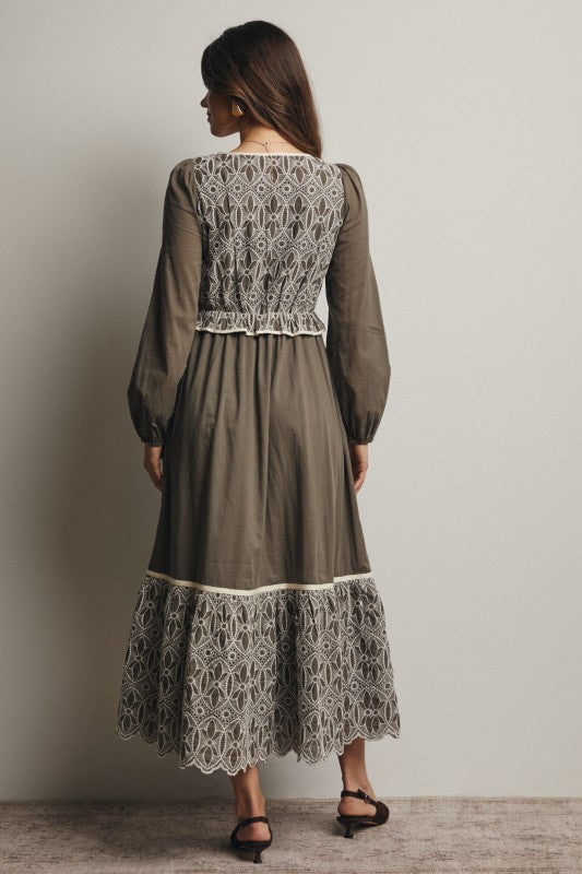 Embroidered Bodice Maxi Dress – Olive