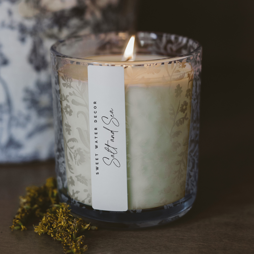 *NEW* Salt and Sea 12 oz Soy Candle, Blue Tinted Floral Jar