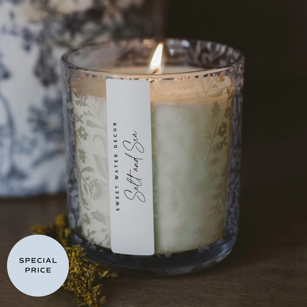 *NEW* Salt and Sea 12 oz Soy Candle, Blue Tinted Floral Jar