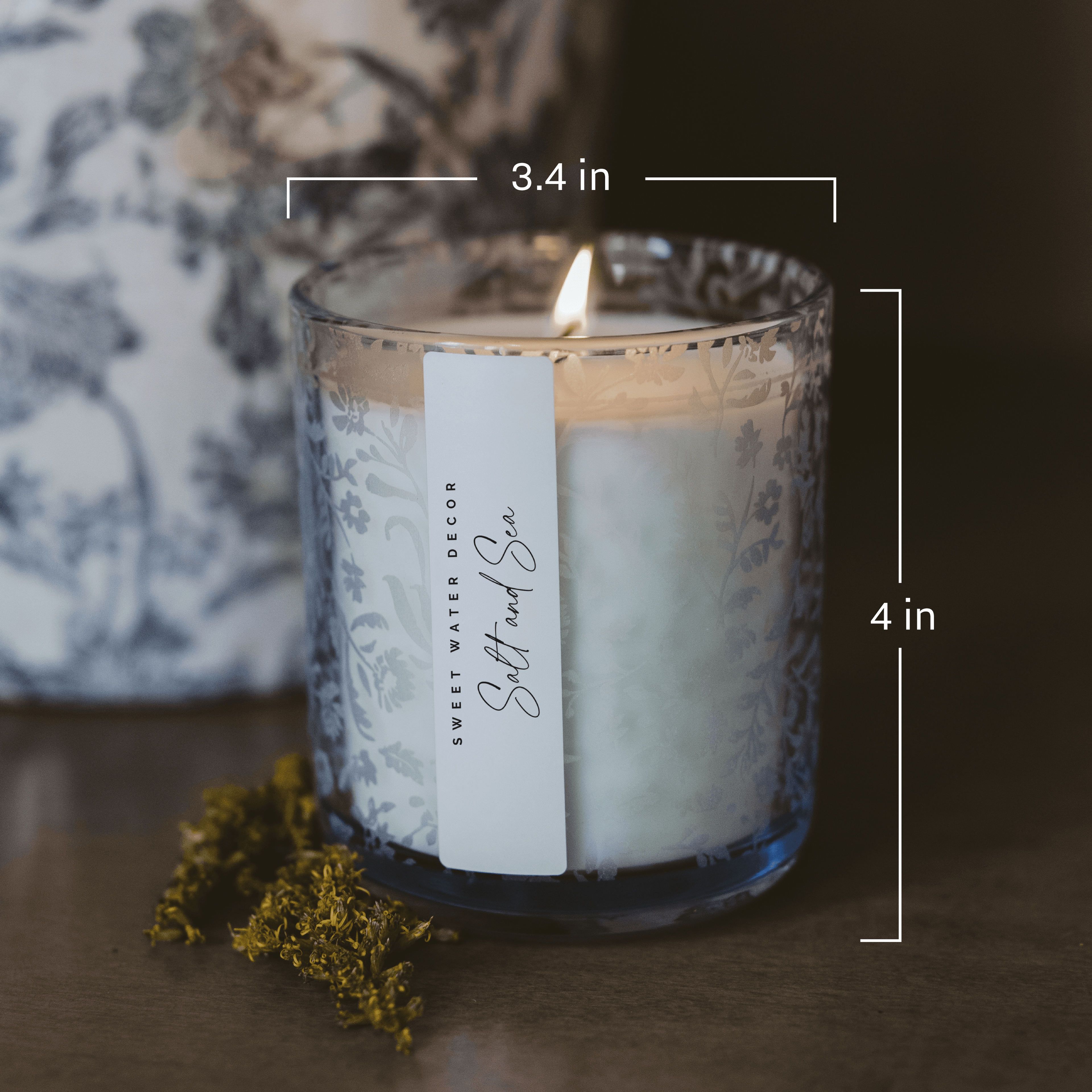 *NEW* Salt and Sea 12 oz Soy Candle, Blue Tinted Floral Jar